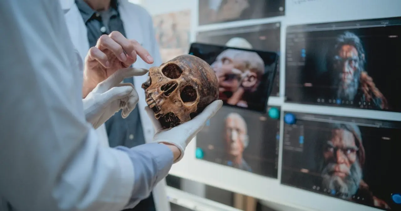 Arqueólogos, Cientista, anatomia do crânio fóssil do homem antigo