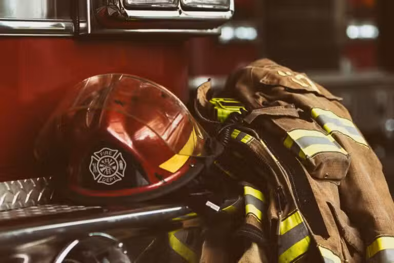 Capacete de bombeiro e roupa