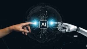 Mão humana conectando com mão robótica, Inteligência Artificial
