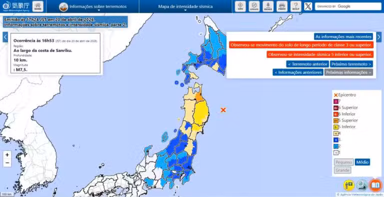 Mapa do terremoto de magnitude 7,5 no Japão