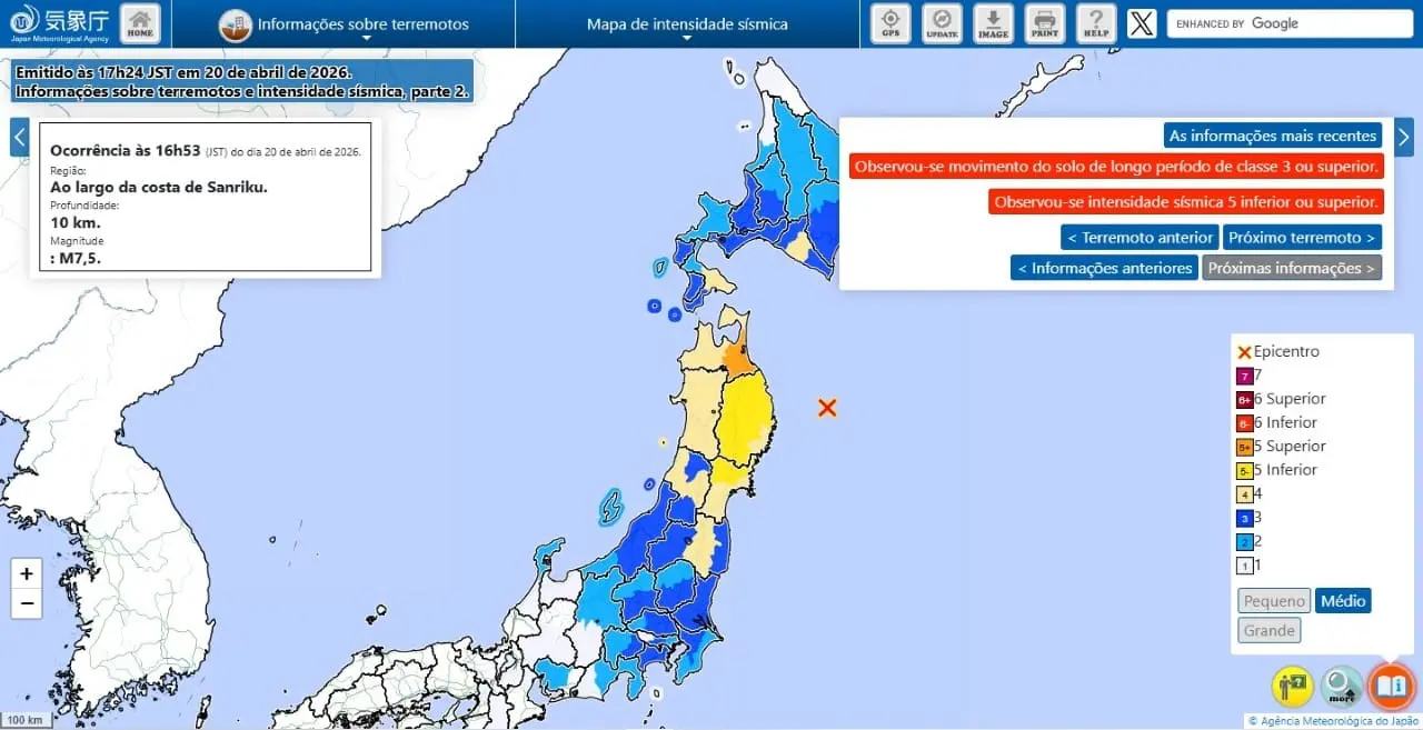 Mapa do terremoto de magnitude 7,5 no Japão