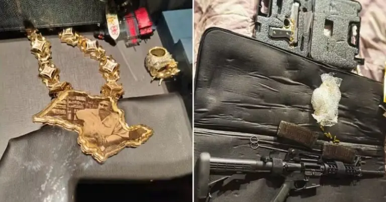 Colar com imagem de Pablo Escobar dentro de moldura com o mapa de São Paulo e armas foram apreendidos pela PF contra MC Ryan SP e MC Poze do Rodo — Divulgação/PF