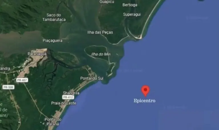 Mapa mostra onde foi registrado o epicentro do abalo sísmico em Paranaguá