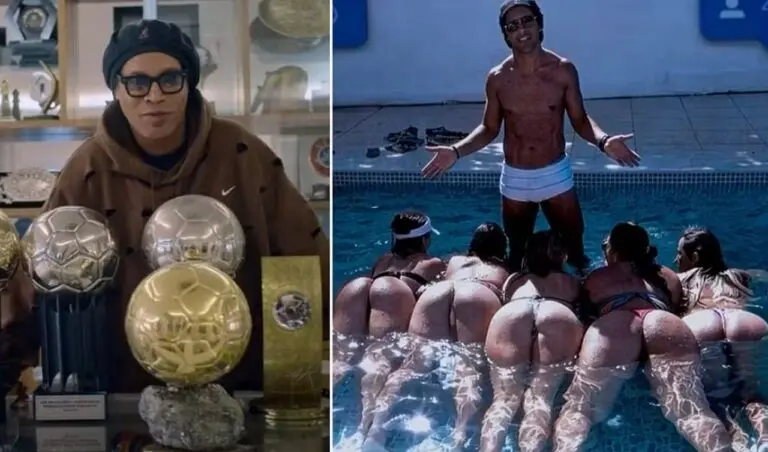Ronaldinho Gaúcho 'refaz' com troféus foto polêmica com mulheres na piscina — Reprodução/Netflix