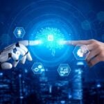 Mãos de humano e robô, inteligência artificial