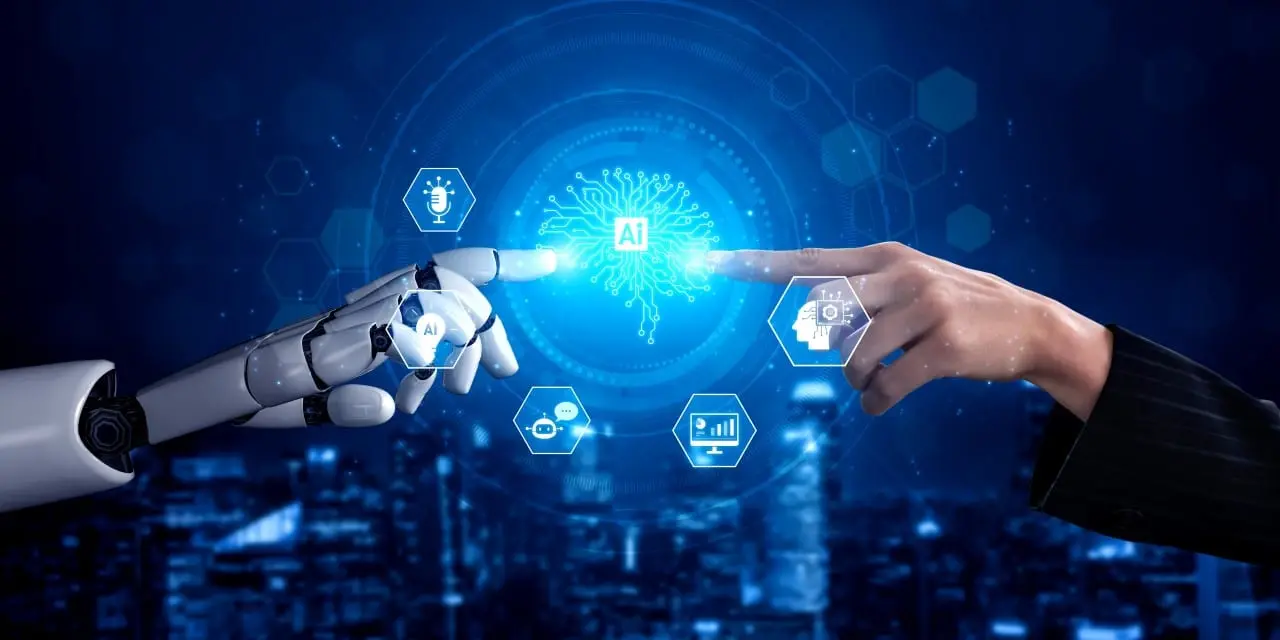 Mãos de humano e robô, inteligência artificial