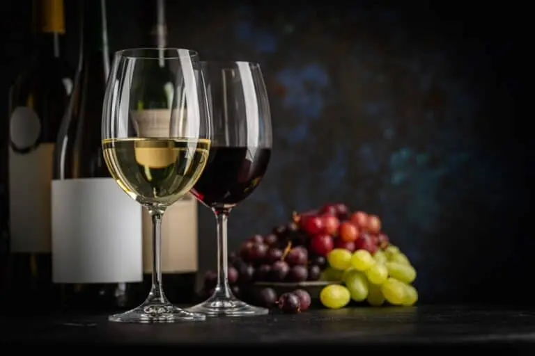Vinho branco e tinto, garrafas de vinho e uvas
