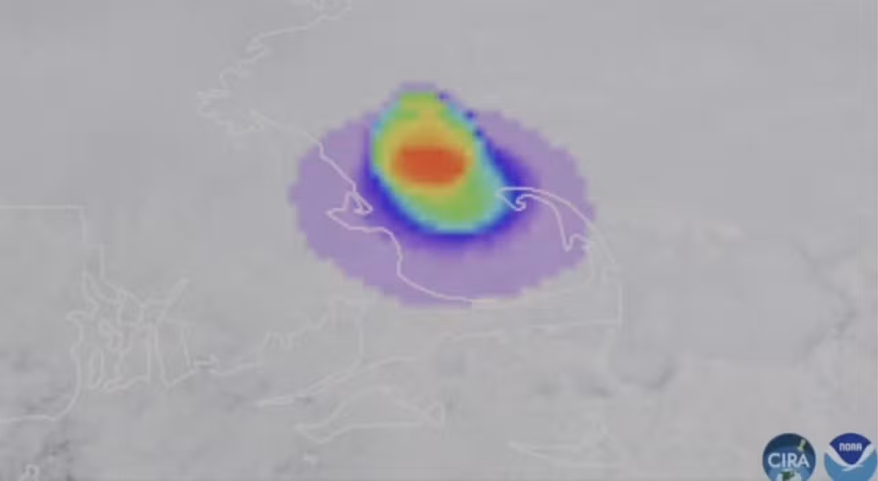 A screenshot of the flash recorded by satellite imagery Saturday afternoon. Signs indicate it likely was a meteor east of Boston. (Courtesy CIRA and NOAA)