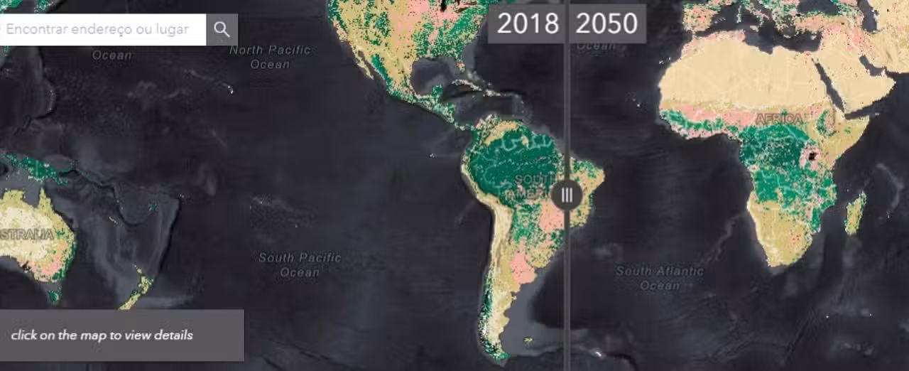 kartan visar stads- och jordbruksexpansion p&aring; planeten 2050 - Reprodu&ccedil;&atilde;o/Mapa Esri