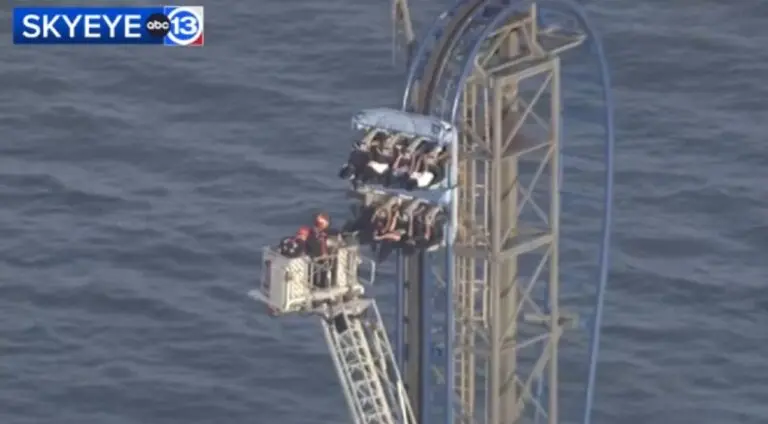 SkyEye13 showed riders being rescued from a stopped roller coaster at Galveston's Pleasure Pier on Thursday afternoon. - SKYETYE