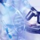 Bioquímica, cientista, laboratório, microscópio e estrutura de DNA