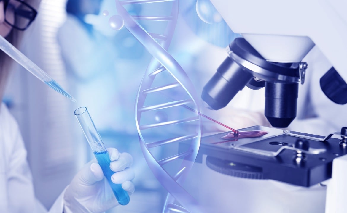Bioquímica, cientista, laboratório, microscópio e estrutura de DNA