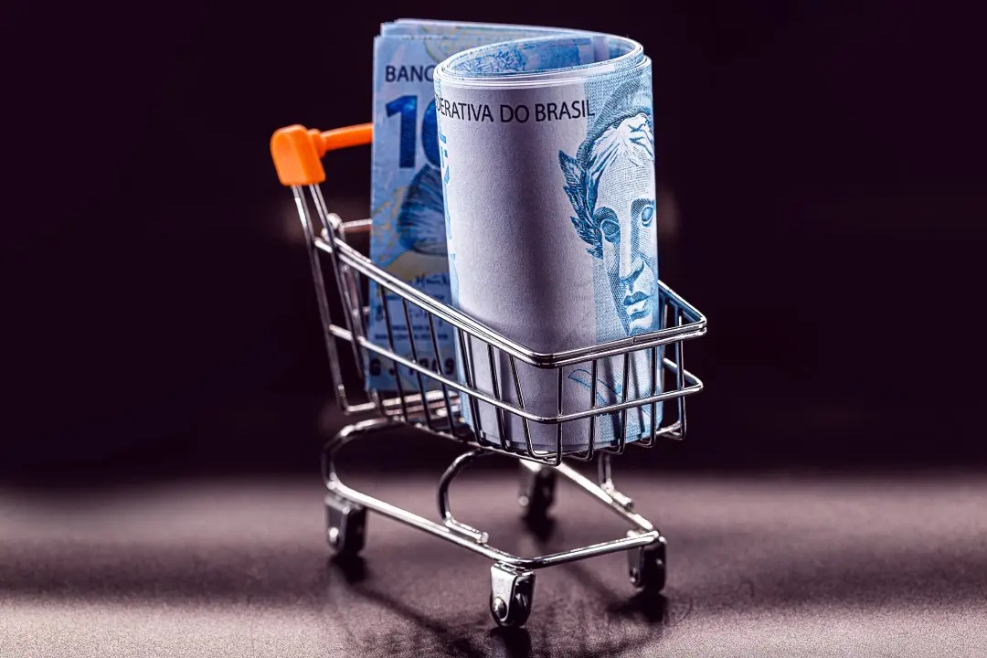 Carrinho de compras, notas de 100 dinheiro