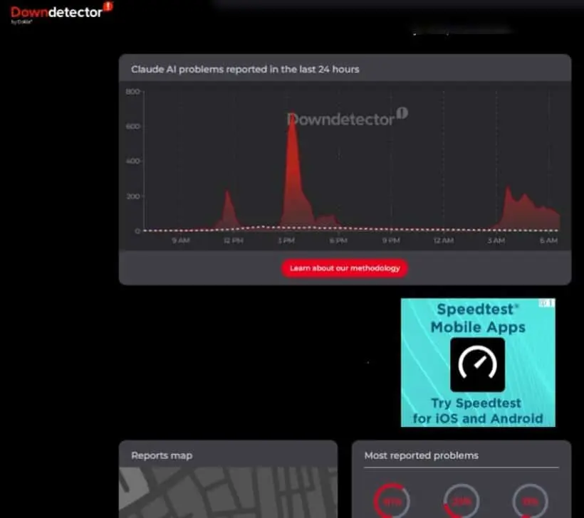 Claude fora do ar em interrupção global - dowdetector