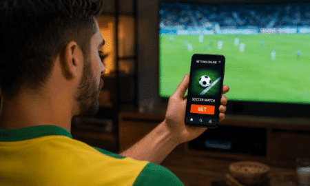 Homem em primeiro plano, visto de costas e levemente desfocado, segura um smartphone que exibe um aplicativo com a tela "Betting Online" e um botão laranja escrito "BET". Ao fundo, uma televisão exibe uma partida de futebol borrada. A imagem ilustra o cenário de apostas online, frequentemente associado a discussões sobre a regulamentação do mercado de apostas no país.
