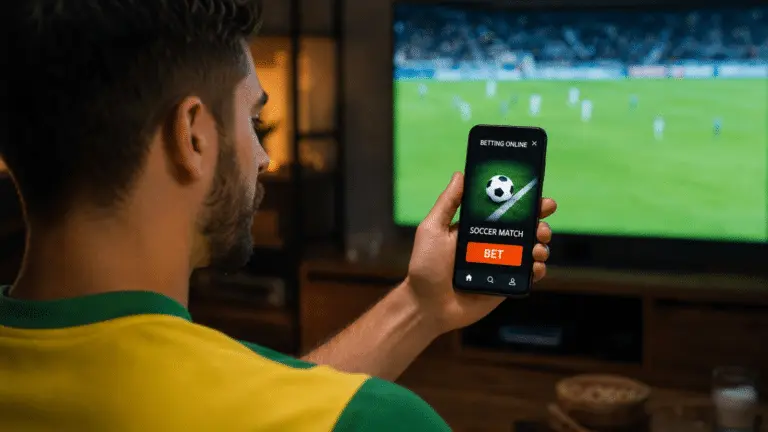 Homem em primeiro plano, visto de costas e levemente desfocado, segura um smartphone que exibe um aplicativo com a tela "Betting Online" e um botão laranja escrito "BET". Ao fundo, uma televisão exibe uma partida de futebol borrada. A imagem ilustra o cenário de apostas online, frequentemente associado a discussões sobre a regulamentação do mercado de apostas no país.