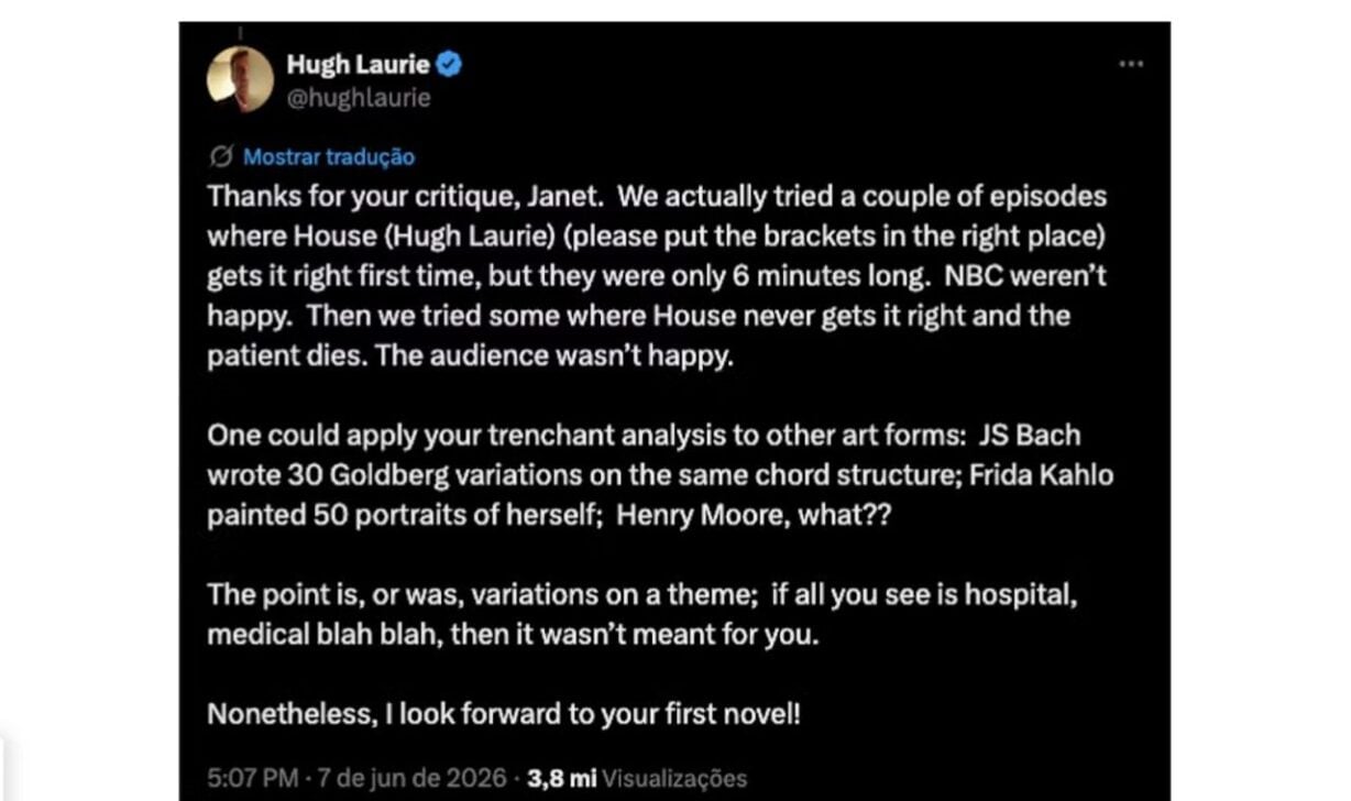 Post by Hugh Laurie to the review made by a viewer of Dr. House - Reproduction