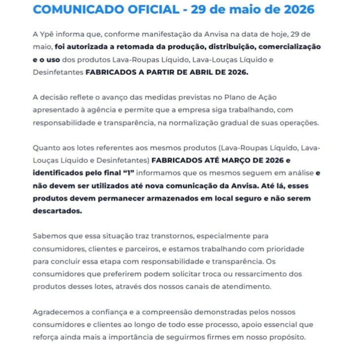 Ypê comunicado sobre retomada da prdução após liberação da Anvisa - Site oficial
