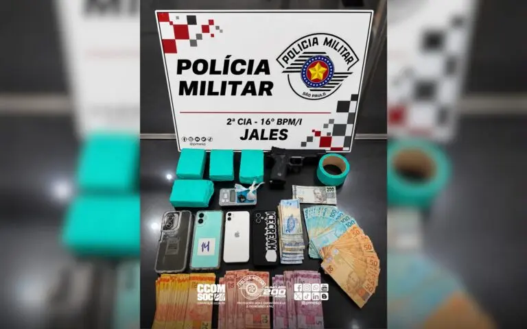 Polícia Militar de Jales, SP, detém homem por tráfico com 1,3 kg de maconha, balança e R$ 5.844