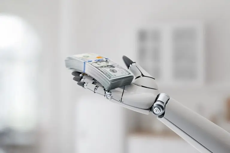 Mão de robô. inteligência artificial, dólar, IA