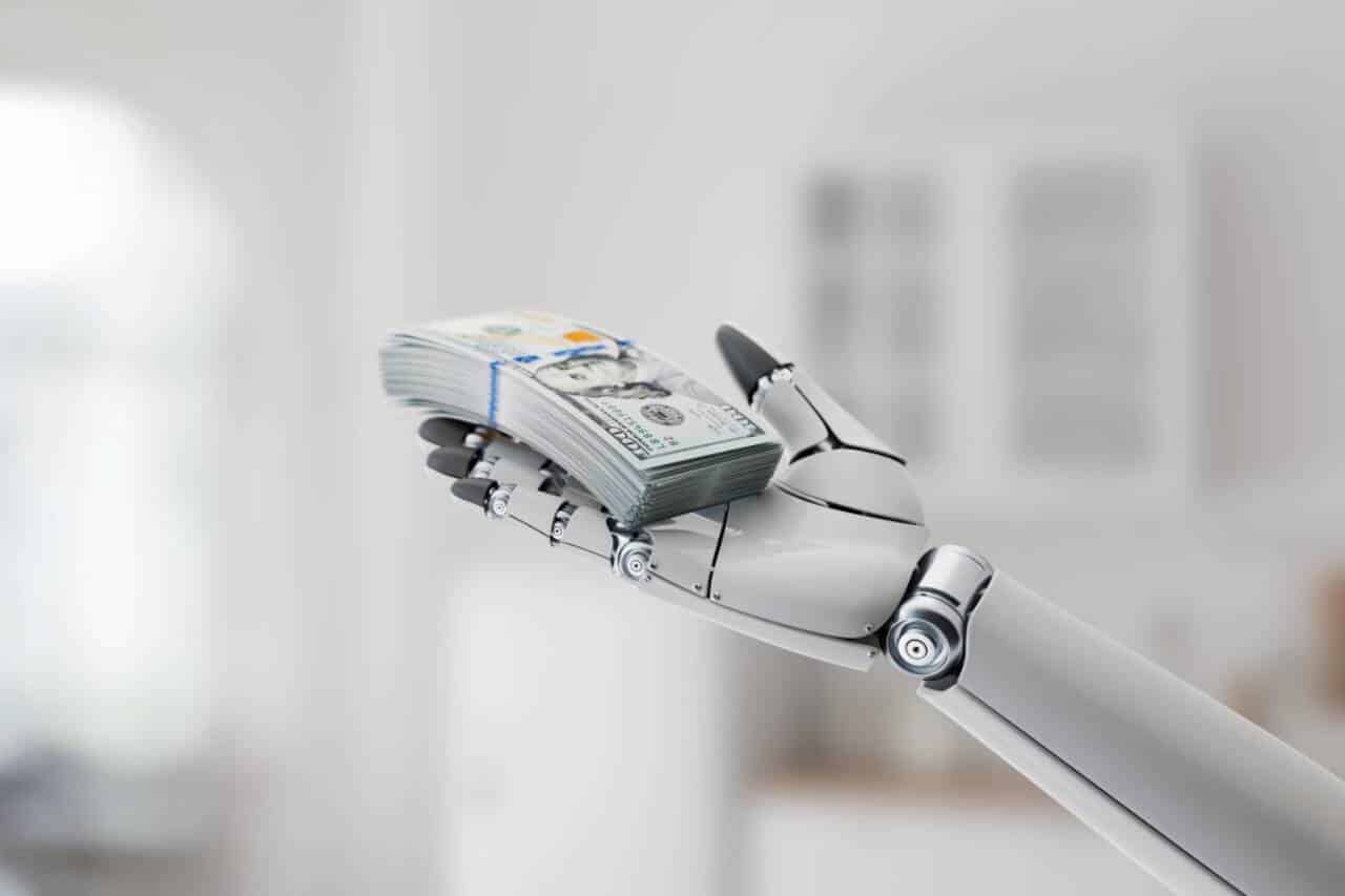 Mão de robô. inteligência artificial, dólar, IA