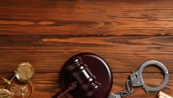 Martelo do juiz, escalas de justiça e algemas