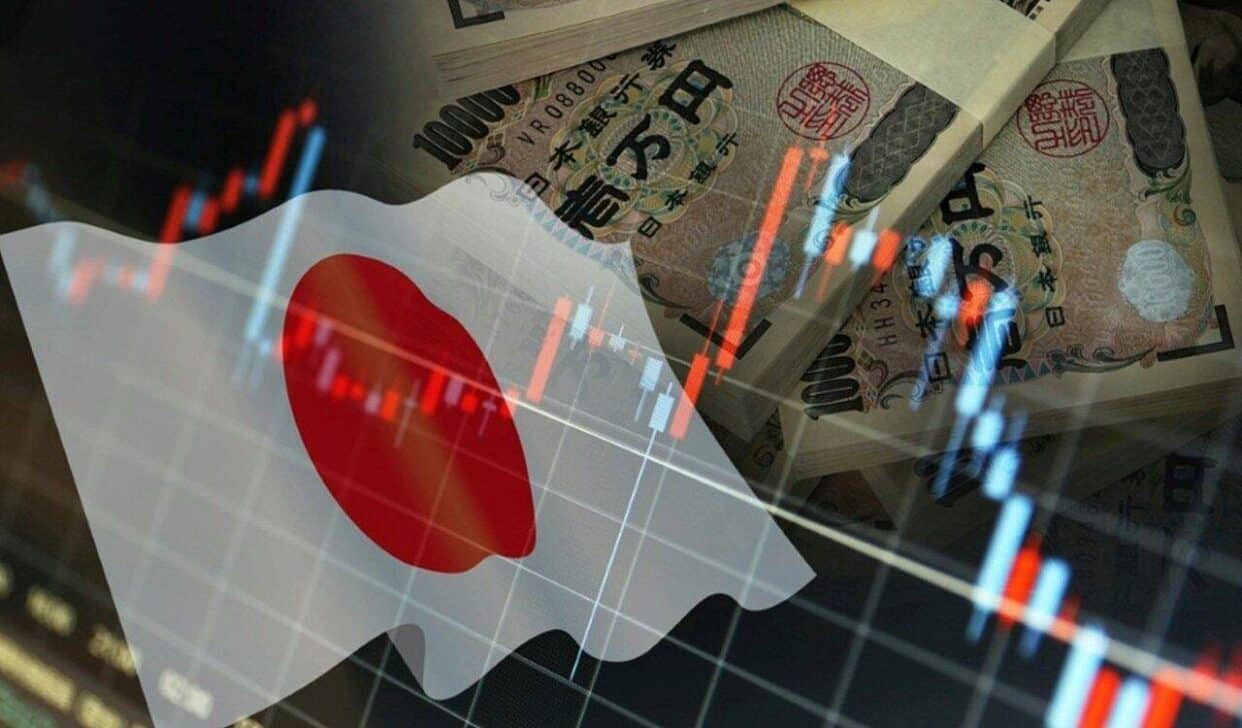 Bandeira do Japão com ienes ao fundo, conceito de taxas de câmbio e preços das ações - Ca-ssis/ Istockphoto.com