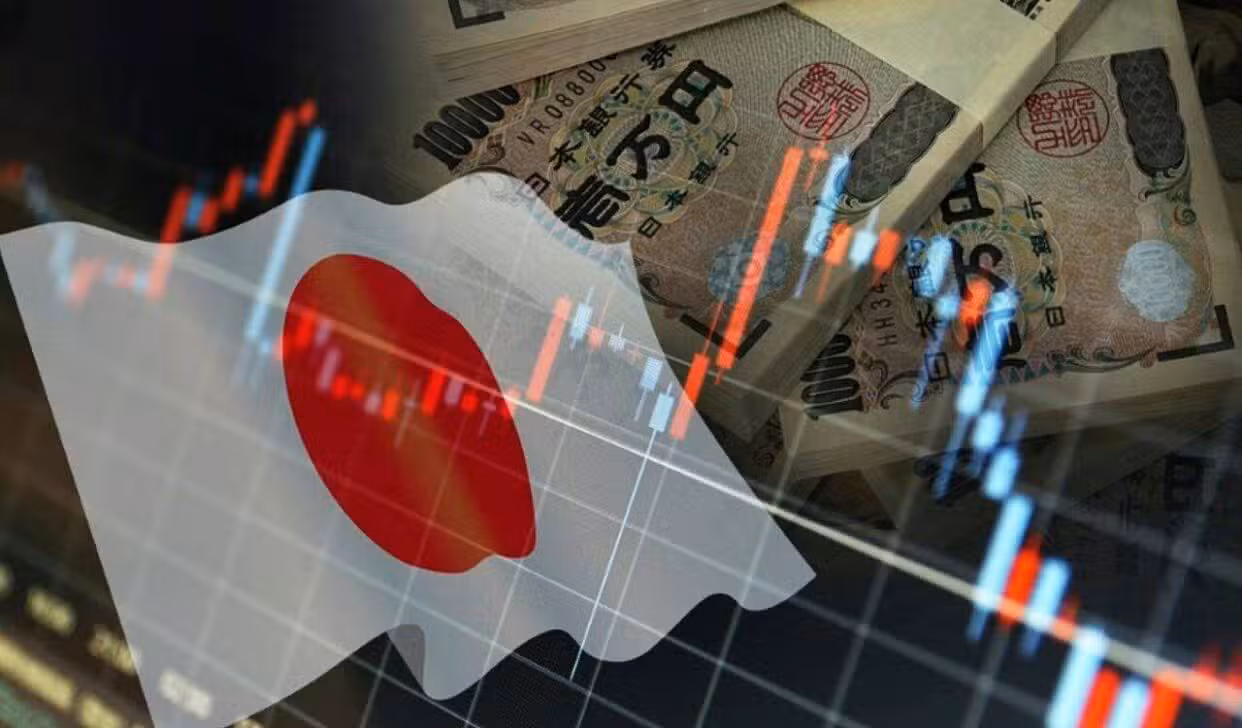 Bandeira do Japão com ienes ao fundo, conceito de taxas de câmbio e preços das ações - Ca-ssis/ Istockphoto.com