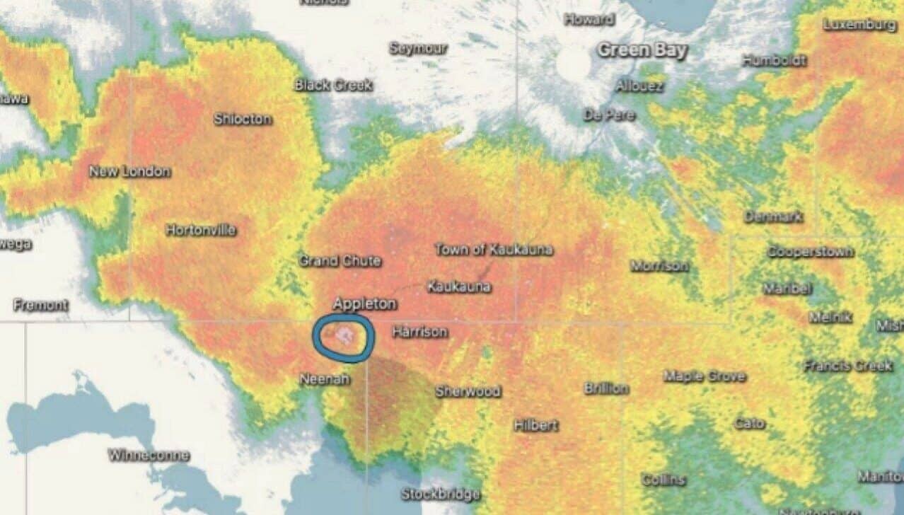 The blue circle shows the location of the tornado on Doppler radar. RadarScope