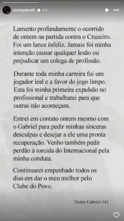 Victor Gabriel se pronuncia após expulsão contra Cruzeiro - Instagram/Victor Gabriel