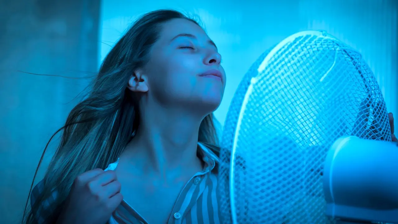 Calor, mulher com ventilador