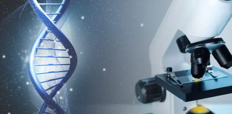 Pesquisa em genética. Microscópio e hélice de DNA teste