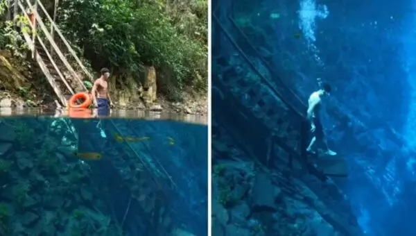 Cena surreal de escada submersa em lagoa misteriosa de MS revela águas cristalinas e viraliza