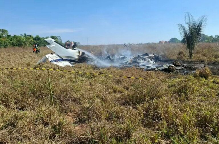 Bombeiros tentam combater incêndio após queda de avião em MT — Foto: Reprodução