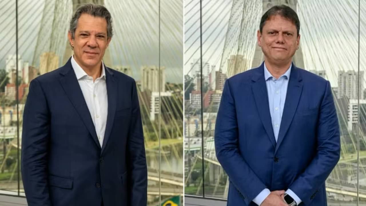 Fernando Haddad (esq.) e Tarcísio de Freitas (dir.) durante sabatina no SP1 - Globo