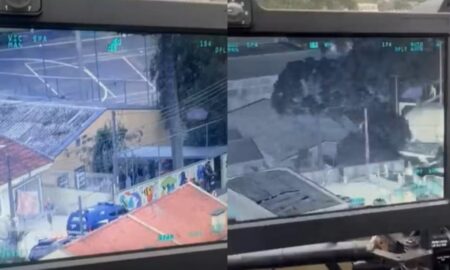 Helicóptero da Polícia Militar do Paraná faz parte da operação que atende a ocorrência no CMEI invadido em Curitiba - PM-PR