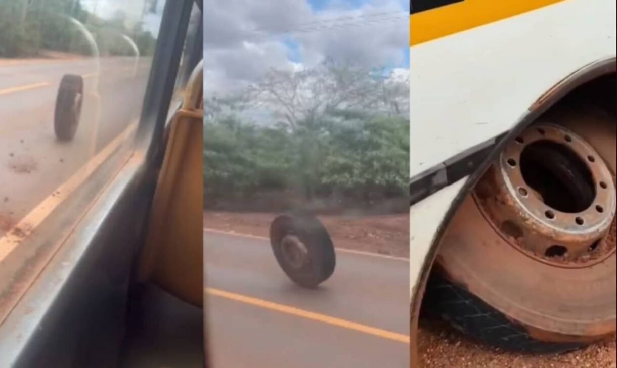 Pneu se solta de ônibus escolar em movimento na MS-164 Leia mais em: https://correiodoestado.com.br/cidades/pneu-se-solta-de-onibus-escolar-em-movimento-na-ms- - Reprodução