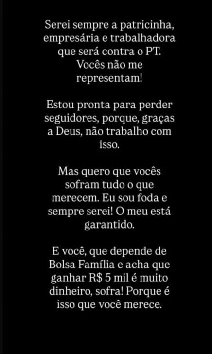 Servidora do SLU comissionada ataca eleitores do PT e beneficiários de programas sociais - Reprodução